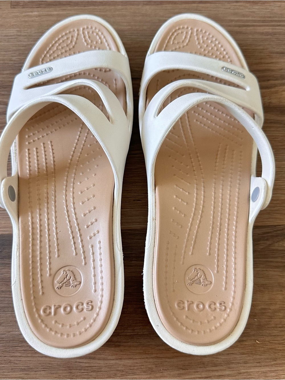 CROCS Women's Cream and Nude Dual-Strap Slide Sandals - Picture 3 of 9